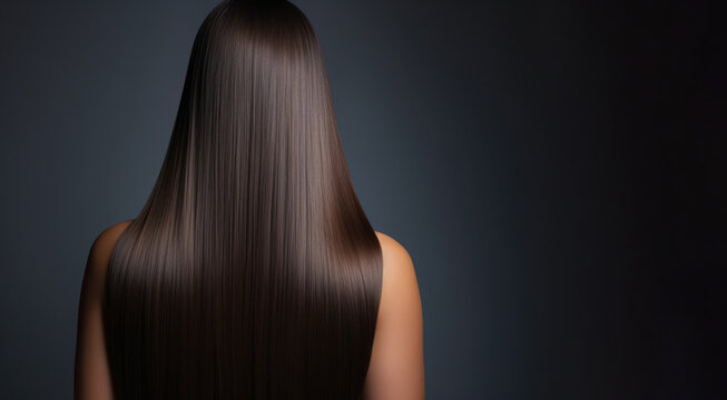 Beautiful woman with long straight hair on black background Generative AI