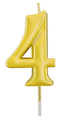 Cutout of an isolated number four golden cake candle with the transparent png
