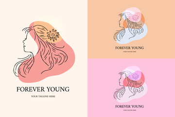Line art floral beauty woman face logo design. business card design.