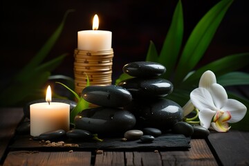 Obraz na płótnie Canvas Spa massage concept. Stones with candles on bamboo mat | Generative AI