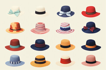 Retro risograph of a selection of hats in a row against a white background.  Generative AI.