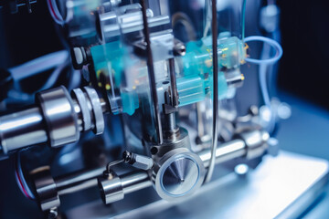 A close-up of a chromatography pump that shows the mechanical parts and internal mechanisms that are responsible for the precise movement of fluid