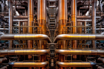 Oil refinery distillation columns in an abstract macro shot, highlighting the complex pipe and valve configurations