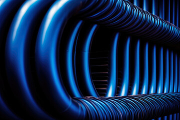 The vital importance of industrial technology in contemporary life is highlighted in this abstract macro shot of heat exchanger pipes in a vivid blue color