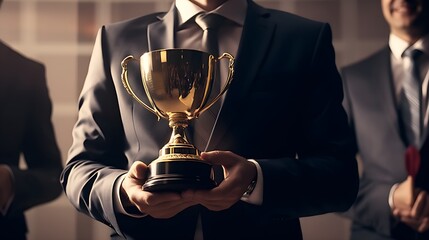 Group of business man, winning business team with a gold trophy award. successful teamwork of business. Build a successful team concept. - obrazy, fototapety, plakaty
