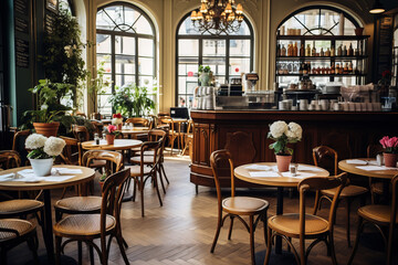 Classic Restaurant Café Interior - Vintage Wooden Tables, Eclectic Chairs, and Gleaming Mahogany...
