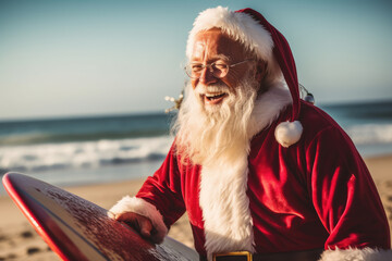 Fun Santa Claus on vacation enjoying beach and sun in summer with styrofoam, barbecue and surfboard.