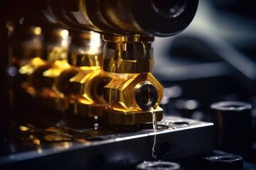 Close-up macro image of a lathe machine being used to apply industrial lubricants