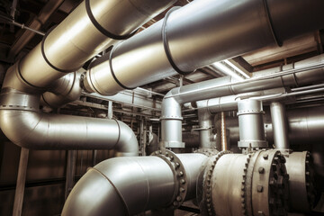 Close-up of a Baghouse filter system revealing its complex web of pipes and valves against a background of commercial equipment