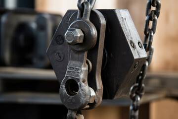 Close-up of a chain block that is safely attached to a hook and is prepared to lift and move a heavy object with ease, displaying the effectiveness and durability of industrial machinery