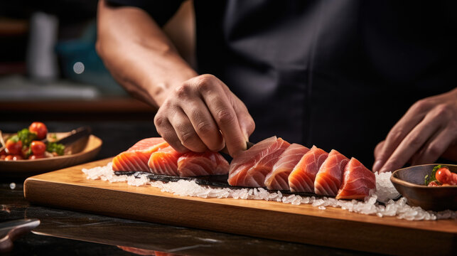 Nigiri Perfection. Expert Sushi Master Creating Delicate Slices of Culinary Excellence
