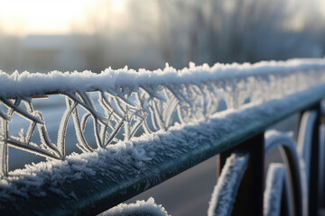 Fototapeta premium A close-up of a guardrail that has been covered in frost on a chilly winter morning, showcasing the elegance of commercial buildings in the natural world