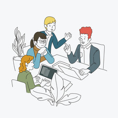 Group of business people working together in office. vector outline illustration 