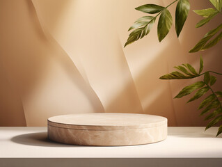 product display natural podium pedestal beige color background cream podium natural stone white and leaf background with texture modern, simple, minimal