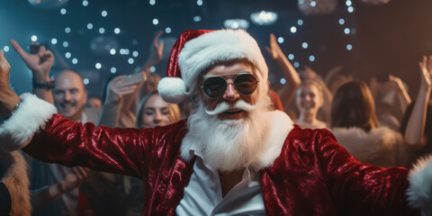 Modern Santa Claus on vacation at electronic music party in nightclub and dancing on the floor.