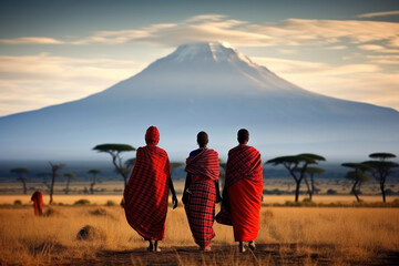 Portrait of a Maasai women with traditional jewelry walking towards mount Kilimanjaro  - Powered by Adobe