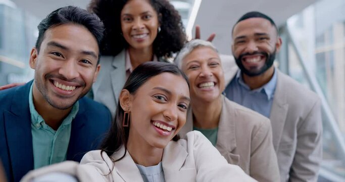 Business people, funny selfie and group with peace sign, heart icon and blowing kiss for diversity on web blog. Team building, men and women with comic memory, face and portrait in insurance agency
