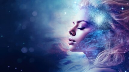 Illustration of woman sleeping and dreaming. Psychic girl considers mind and heart, spirituality, esotericism. Psychic waves concept, Generative AI illustration