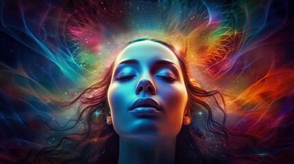 Illustration of woman sleeping and dreaming. Psychic girl considers mind and heart, spirituality, esotericism. Psychic waves concept, Generative AI illustration
