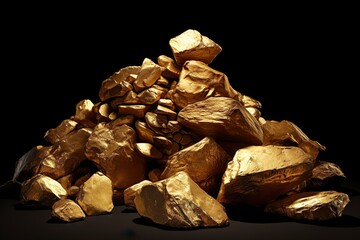 Piles of gold nuggets. Ai. Shiny golden stones in heaps isolated on black background