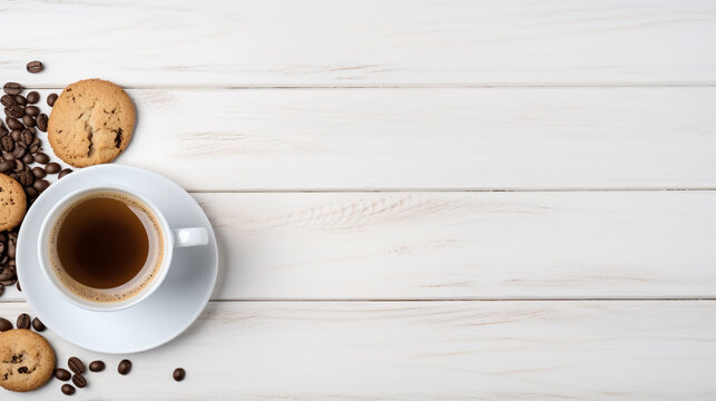 a cup of coffee with cookies on a white wooden background. Generative Ai. 