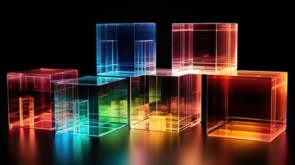 AI-generated illustration of colorful transparent cubes on a black background. MidJourney.