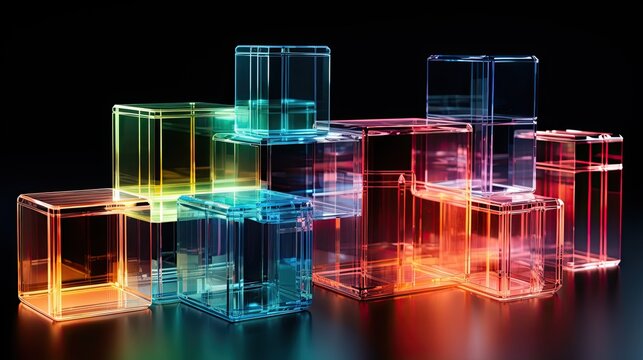 AI-generated illustration of colorful transparent cubes on a black background. MidJourney.