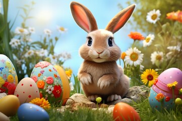 Fototapeta premium Easter Cute Bunny In Sunny Garden With Decorated Eggs. Ai