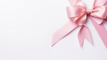 pink ribbon with bow on white background top view. Generative Ai. 