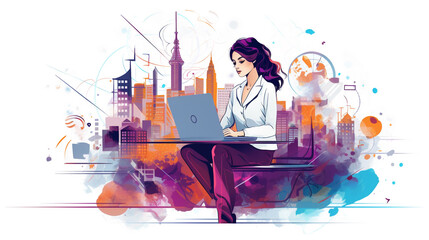 Obraz premium young woman work with laptop on colorful city background abstract illustration. Generative Ai. 