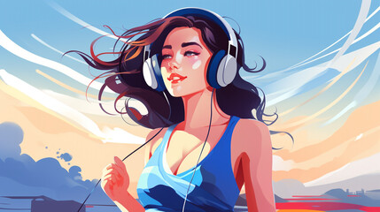 girl in headphones on a bright sunny day listening to music, colorful illustration. Generative Ai. 