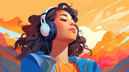 young woman closed eyes listening to music in headphones, colorful illustration. Generative Ai. 