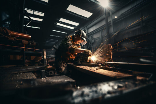 Worker grinding in a workshop. Heavy industry factory, Metalworker Using Grinder Machine, 
worker cutting rebar by grinding machine, Industrial worker cutting metal with many sharp sparks