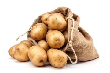 Ripe potatoes in burlap sack. Ai . Isolated on white background - obrazy, fototapety, plakaty