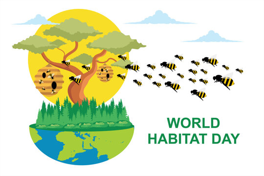 World Habitat Day. Vector illustration of a bee flying to its hive