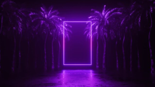 Colorful Neon Glowing Frame with Palm Trees