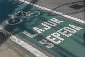 Green bike lane with signs of bicycles on street