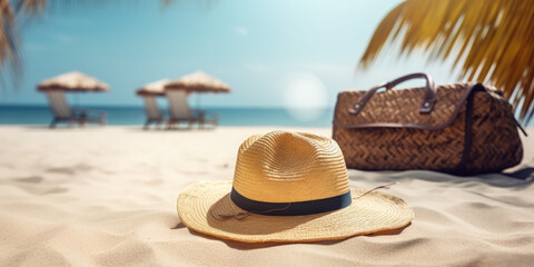 Stylish Beach Essentials: A Photo-Realistic Collection Featuring Bag, Sandals, Sunglasses, Straw Hat, and UV Cream
