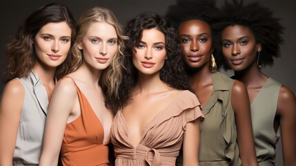 Obraz premium Portrait of beautiful women of different races smiling and happy on studio background