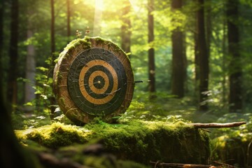 Round target in the forest, aged dartboard in the jungle, Generative AI