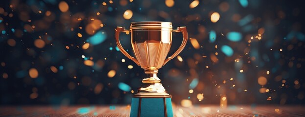 Gold trophy cup on background with glittering confetti in bokeh style, Winner trophy on blurred backgroun, Generative AI - obrazy, fototapety, plakaty