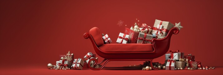 Santa's sleigh full of gifts isolated on red background with copy space, Generative AI