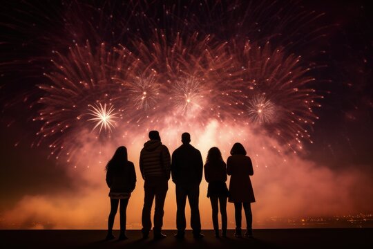 A Group Of People Looking At Fireworks On New Year's Eve, Generative AI