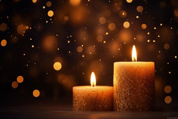 Decorative candles and background with blurred lights in bokeh style, Generative AI