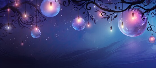 Glowing lights and beautiful ornaments on a purple and sky blue background, Generative AI