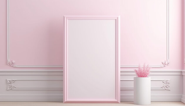 Pink and white interior room with white canva, created with ai generative technology 