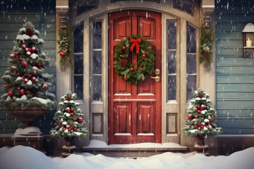 Fototapeta na wymiar Red wooden door decorated with wreath and Christmas decorations, Home entrance with christmas decoration, Generative AI