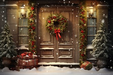 Wooden door decorated with wreath and Christmas decorations, Home entrance with christmas...