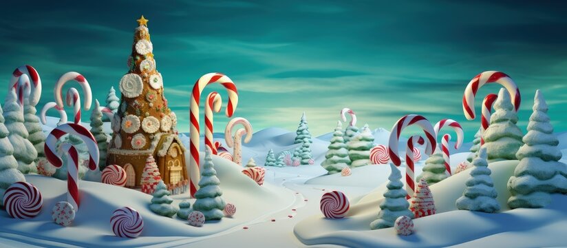 Fantasy world at Christmas time with Christmas trees and giant sweets, christmas landscape, Generative AI