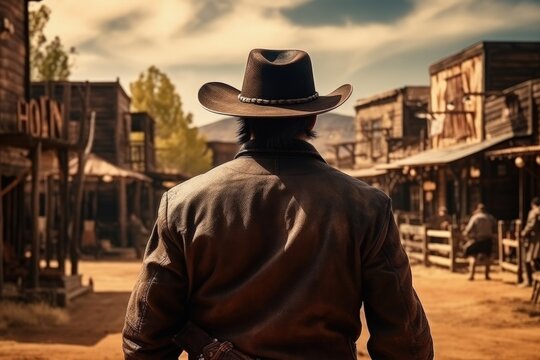 Cowboy seen from behind on Old West Town street, Cowboy in the Wild West, Generative AI